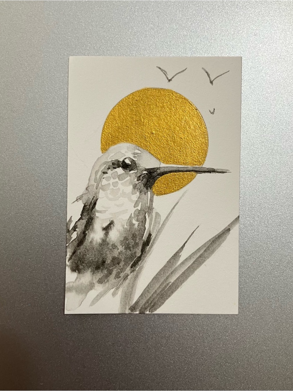 Original hummingbird painting miniature realism art sumi-e style artwork
